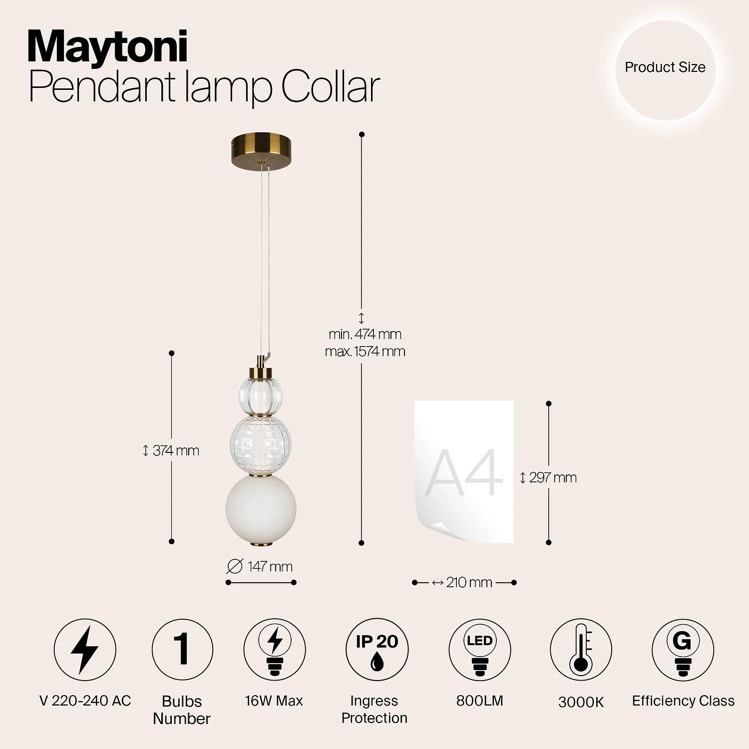 Подвесной светильник Pendant Collar, LED 16W, 3000K, Золото, Прозрачный и белый (Maytoni, P069PL-L16G3K) - Amppa.ru