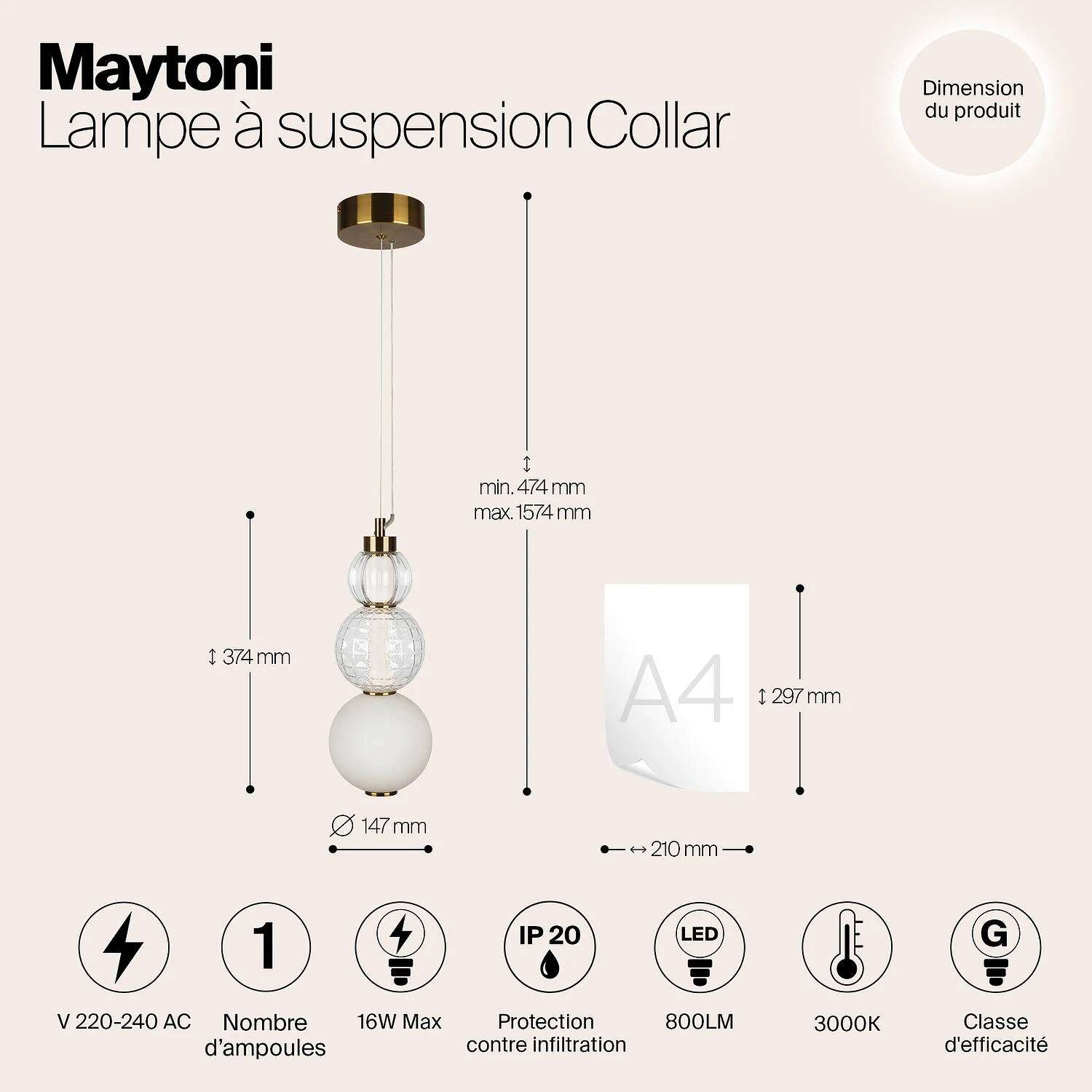 Подвесной светильник Pendant Collar, LED 16W, 3000K, Золото, Прозрачный и белый (Maytoni, P069PL-L16G3K) - Amppa.ru